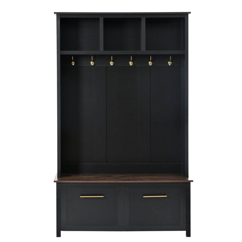 Versatile 4-In-1 Hall Tree With 6 Golden Hooks, Wood Grain Bench With Multiple Storage Space, Entryway Coat Rack With 2 Drawers For Living Room, Hallway, 76.6''H