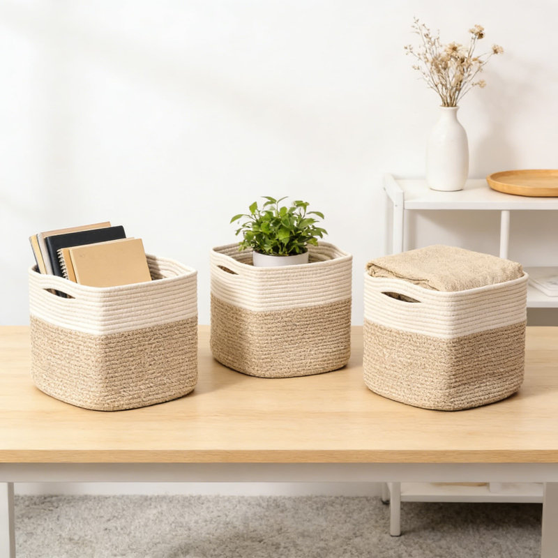 Woven Cotton Rope Storage Bins, 13 Inch Cube Organizer Baskets For Shelves, Closet, Toys, Books And Home Decor, Foldable And Washable (Pack Of 3)