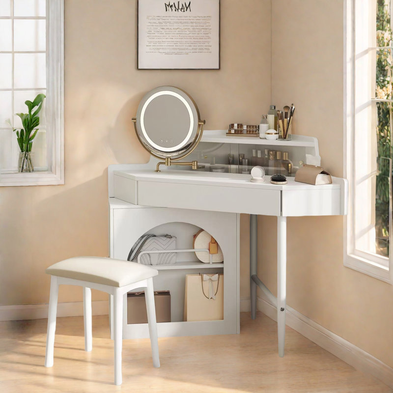 Corner Makeup Vanity Desk With Adjustable Folding Mirror, 3-color Led Lighting, Adequate Storage And Stool