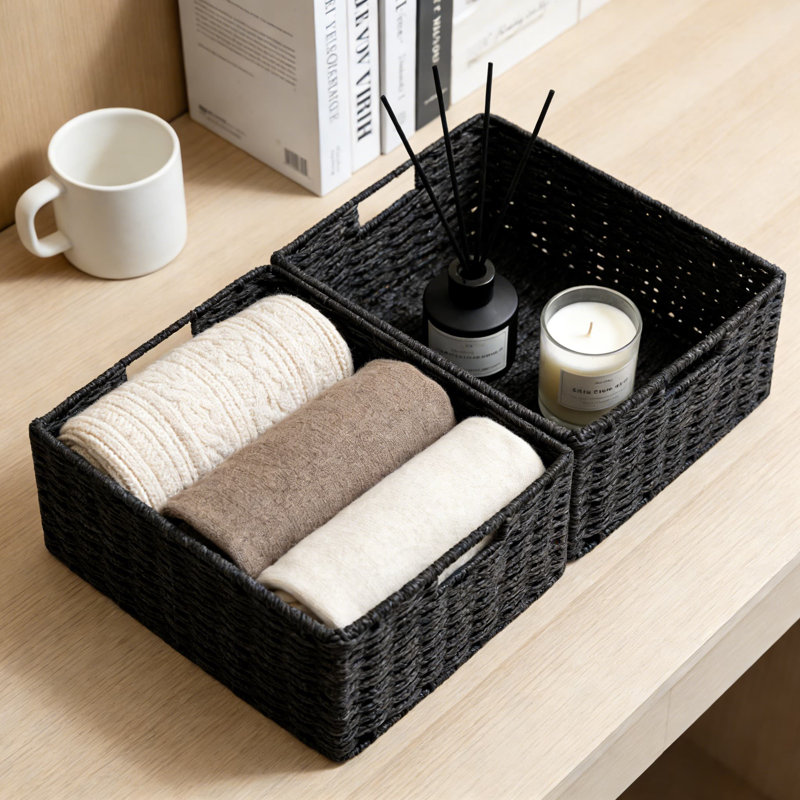Foldable Storage Baskets, Handwoven Paper Rope Organizer Bins With Built-In Handles For Shelves, Collapsible Rectangular Storage Solutions For Home Organization, 2-Pack