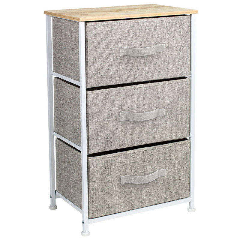 Beige 3-Drawer Steel Frame Nightstand with Fabric Bins