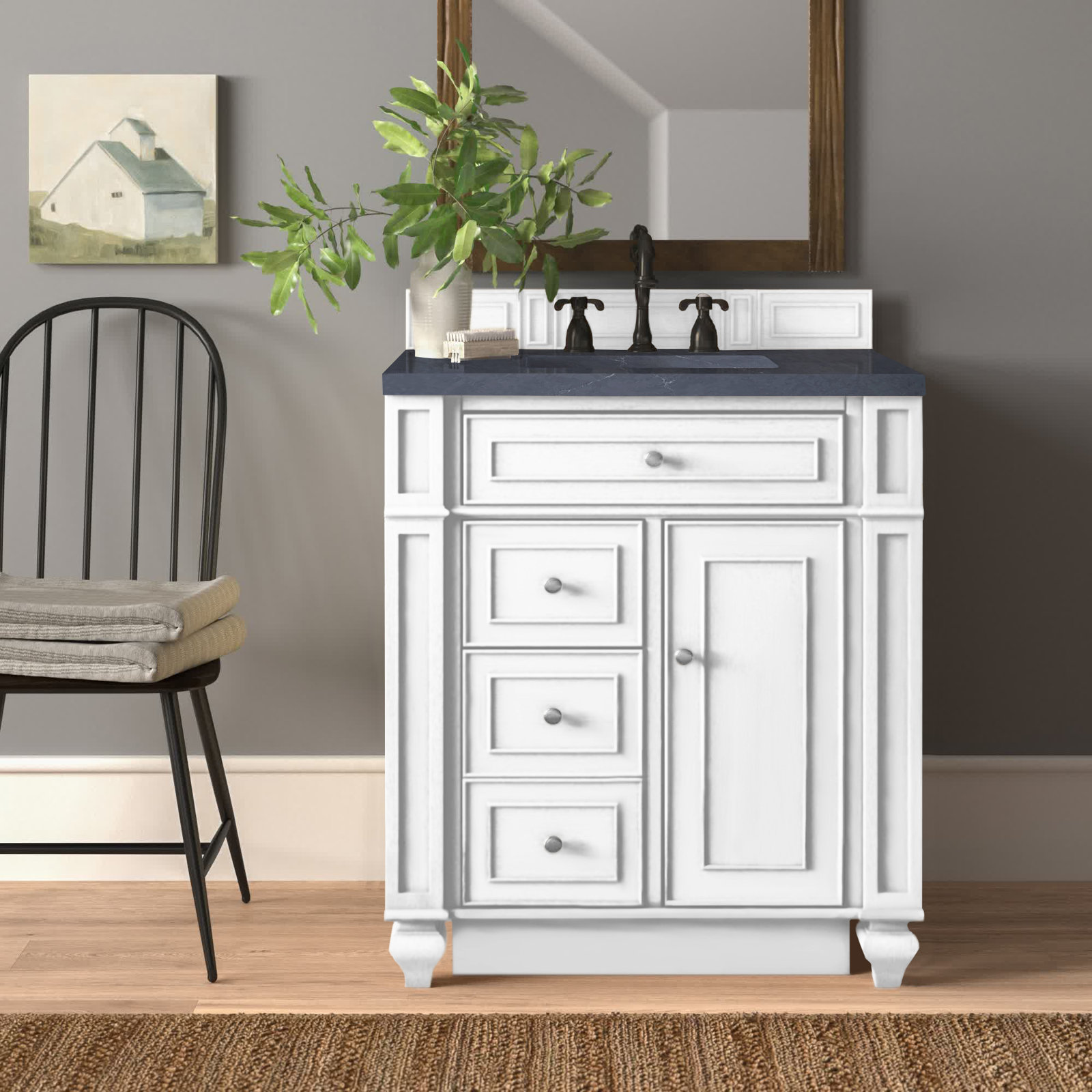 Calisto 30" Single Bathroom Vanity, Bright White, Ethereal Noctis, 8" Widespread