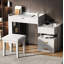 Meuble-lavabo 3 en 1 avec miroir rabattable, éclairage DEL, longueur réglable et grands tiroirs - Coiffeuse multifonctionnelle élégante pour la maison