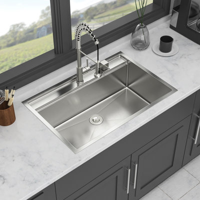 33" Drop In Kitchen Sink - 33 X 22 X 10 Inch Kitchen Sink Topmount Single Bowl 16 Gauge Stainless Steel Ledge Workstation Kitchen Sinks