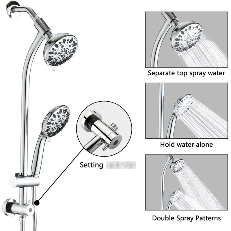 Stainless Steel Shower - 7 Spray Patterns, Dual Head, Slide Bar, Wall Mounted, , 1/2" Connection Size Function Rain Showerhead, 1.8 Gpm Flow Rate