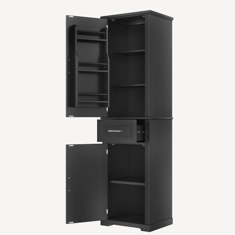 Grande armoire de rangement autoportante pour salle de bain avec deux portes de tailles différentes et une tablette réglable, panneau de fibres à densité moyenne avec finition peinte