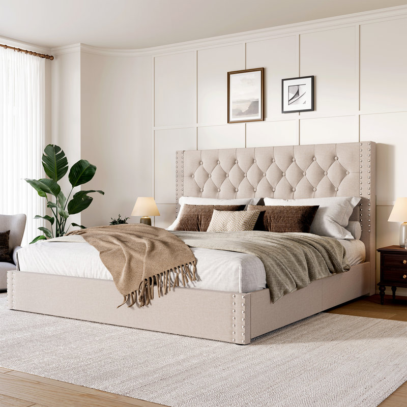 Upholstered Platform Bed With Storage Drawers, King, Beige
