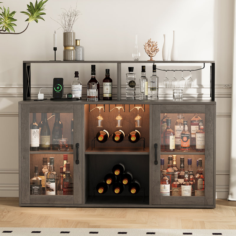 Wine Bar Cabinet with Wine Rack and Glass Holder, Freestanding Liquor Storage Sideboard with LED Lights, Gray