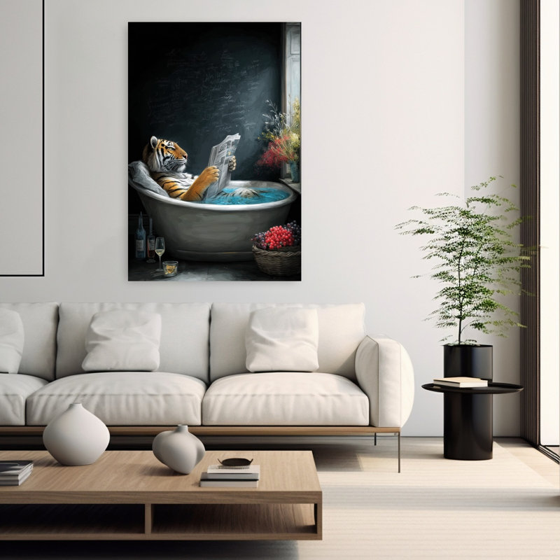 «Tiger in Bathtube 2», art mural tigre contemporain, H 60 po x l 40 po