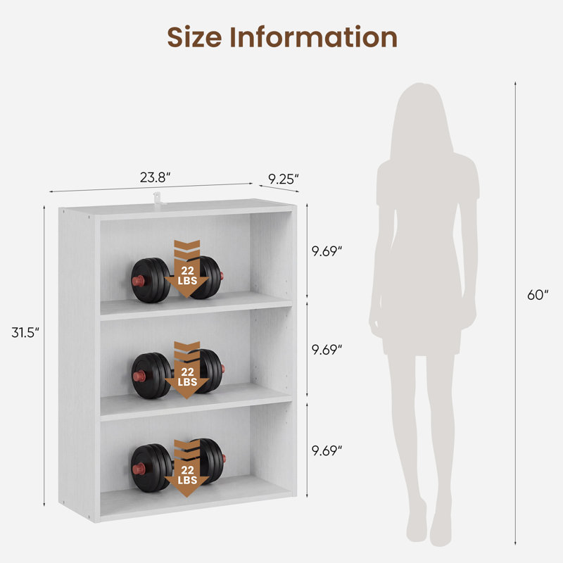 Adjustable Wooden Standard 3-Tier Bookcase, (3 Shelves) 32"H x 23.8"W x 9.2"D, White