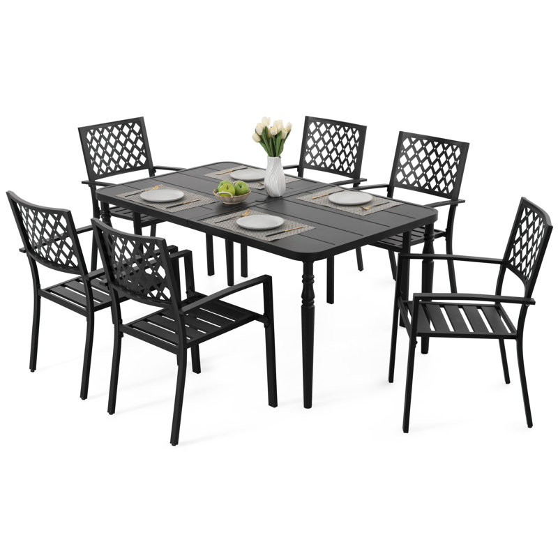 Patio Metal Dining Set With 6 Stackable Chairs And Umbrella Hole, Black, Black 