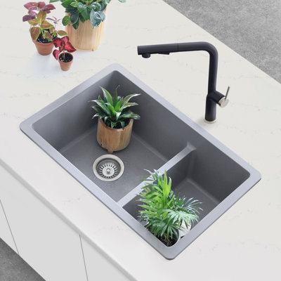 27.25 inch x 18.38 inch Granite Composite, Gray 60/40 Double Bowl Undermount or Drop-In Kitchen Sink