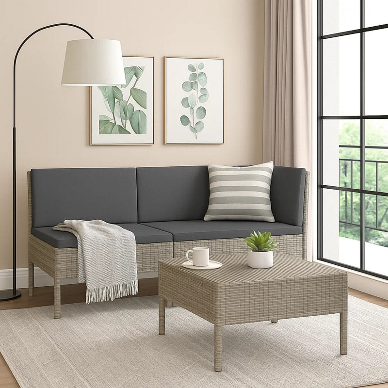 Ensemble de canapé d'extérieur 3 pièces avec table, coussins gris foncé, rotin poly