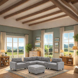 Modular Chenille Sofa With Dual Consoles, Extra-Large Storage, Wireless Charging, Removable Ottoman, Acrylic Table Tops & Side Storage Pockets For Living Room