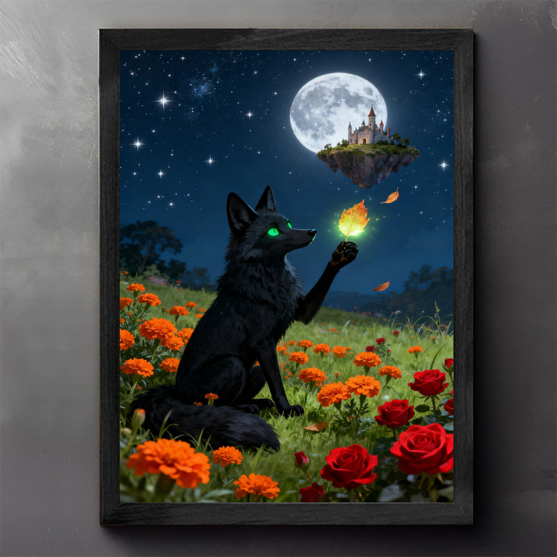Art encadré noir rétro Un renard noir tenant des feuilles brillantes dans la mer de fleurs au clair de lune, impressions sur toile de style rétro