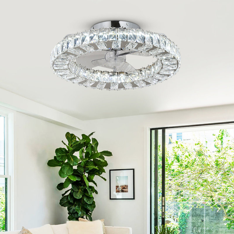 Chrome Crystal Ceiling Fans With  Stepless Dimming LED Remote Control,17.7In