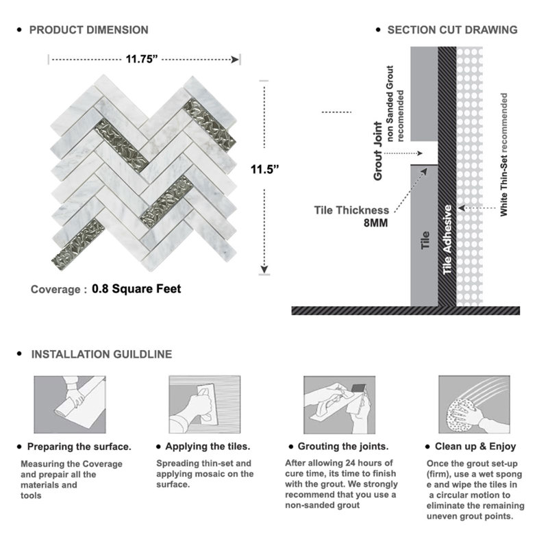 1" x 4" Straight Edge Natural Stone Herringbone Mosaic Tile, Calacatta White/Silver