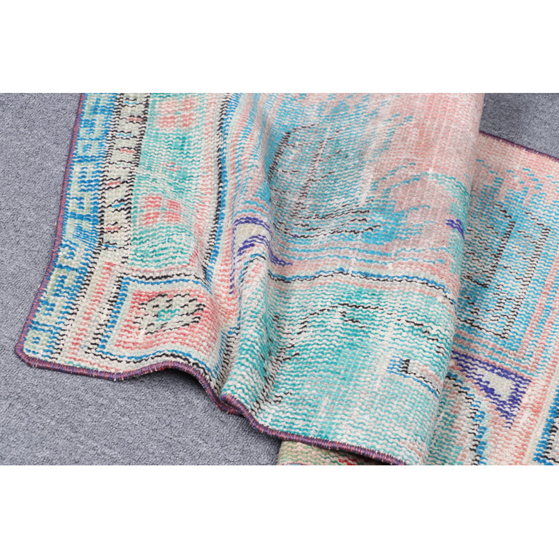 Vintage Handmade Turkish Rug in Small Size Featuring Colorful Green and Pink Boho Decor Perfect for Enhancing Your Living Space