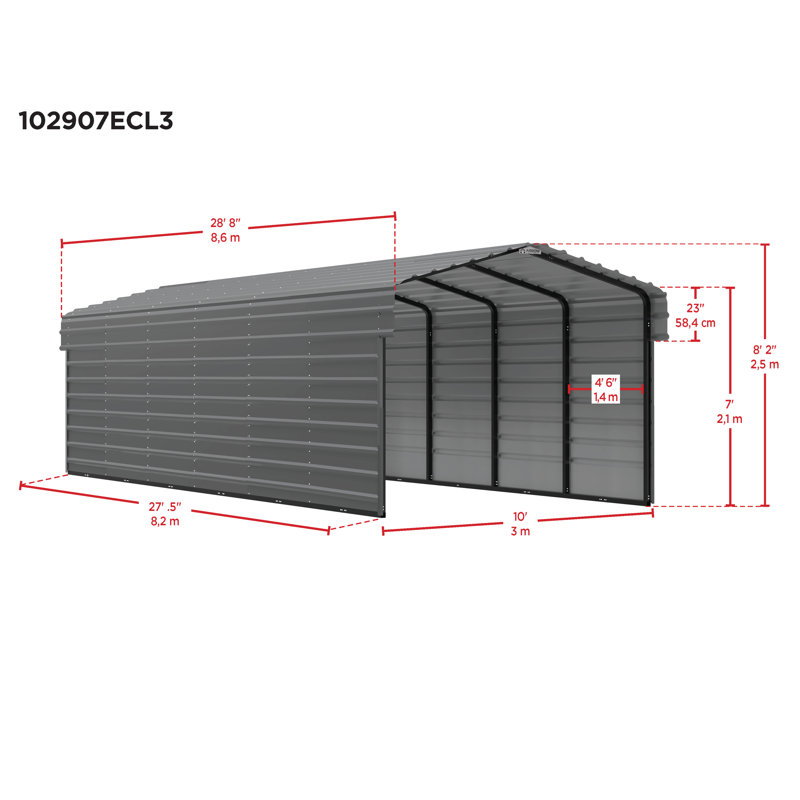 Steel Carport With 3 Wall Kits, 10X29X07, Gray
