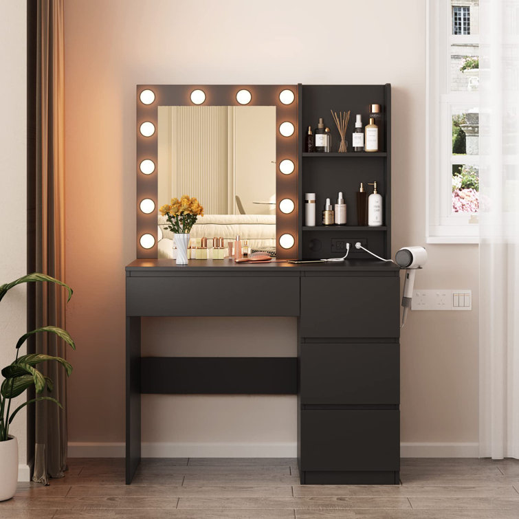 Latitude Run® Jamaiyah Large Vanity Desk with Storage Shelves, 5 Drawers,  Glass Cabinet