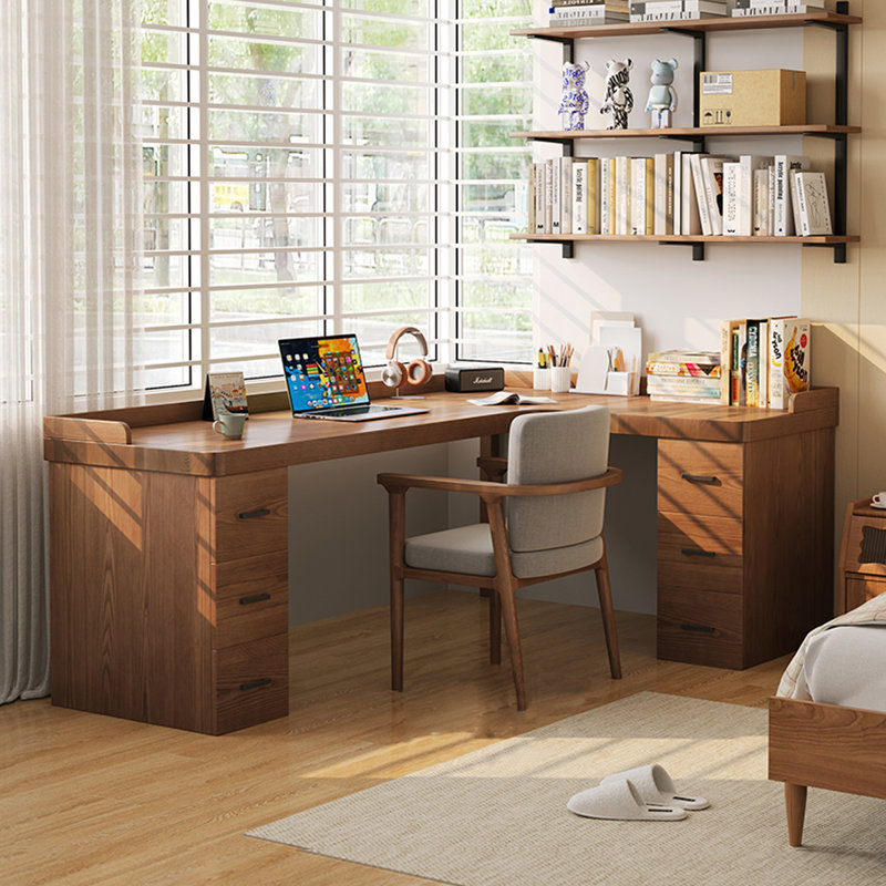 70.87"Walnut L-Shaped Solid Wood with 6 drawers desk, 29.53" H x 70.87" W x 55.12" D, Right Hand Return