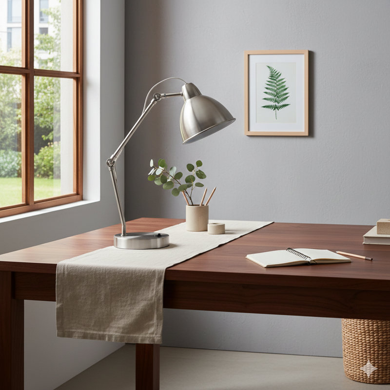 Éclairage, H 17 po, lampe de table, port USB inclus, nickel métallique, abat-jour nickel, moderne