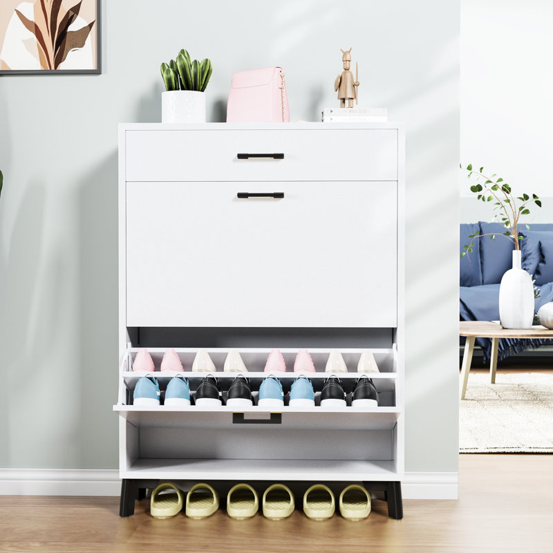 Entryway Shoe Drawer Shelf - 2 Flip Drawers, White, Large Space, & Space Saving White Storage Organizer Saving, For Doorway