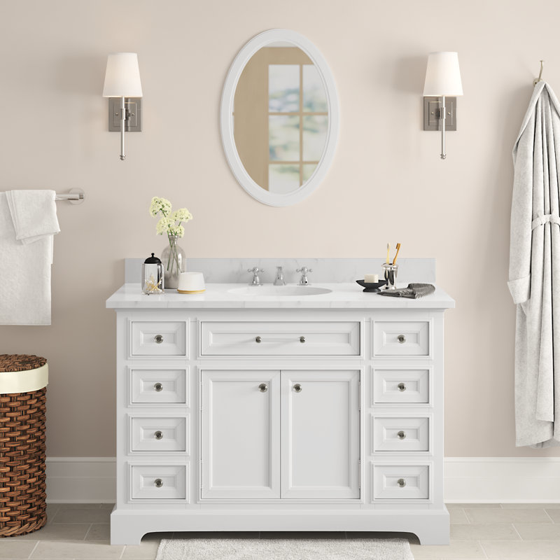 Derby 48" Carrara White Marble Countertop Bath Vanity with Faucet and Mirror, White