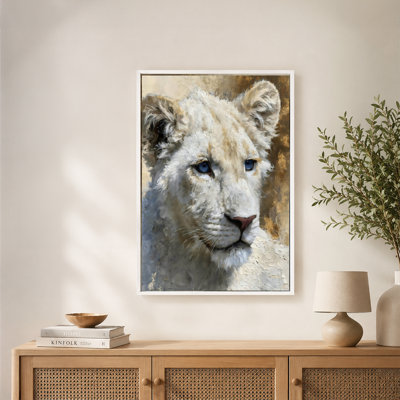 White Lion Cub Blue Eyes Canvas Wall Art with Floating Frame, Ready to Hang