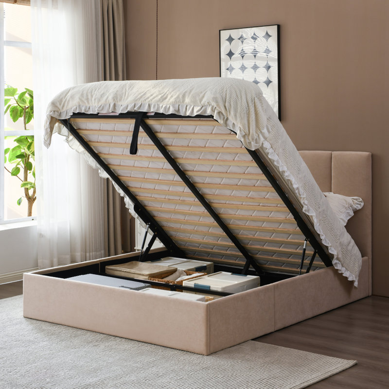 Juanetta Hydraulic Lift Up Storage Upholstered Platform Bed, Queen, Beige Linen