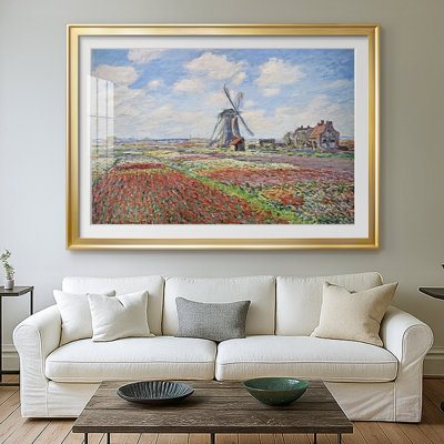 Tulip Fields with the Rijnsburg Windmill-Claude Monet-Framed - Fine Art Reproduction, Matted and Framed Under Glass, Large Living Room Wall Art