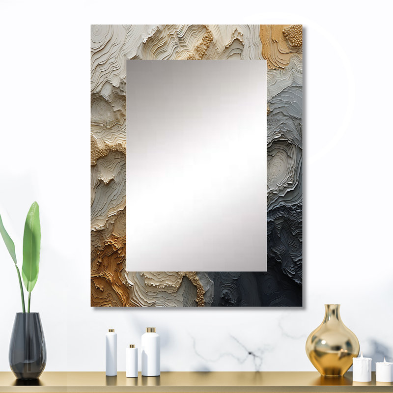 «Gold and Beige River Spiral», miroir de peinture abstraite, miroir mural décoratif beige, impression d'art en métal