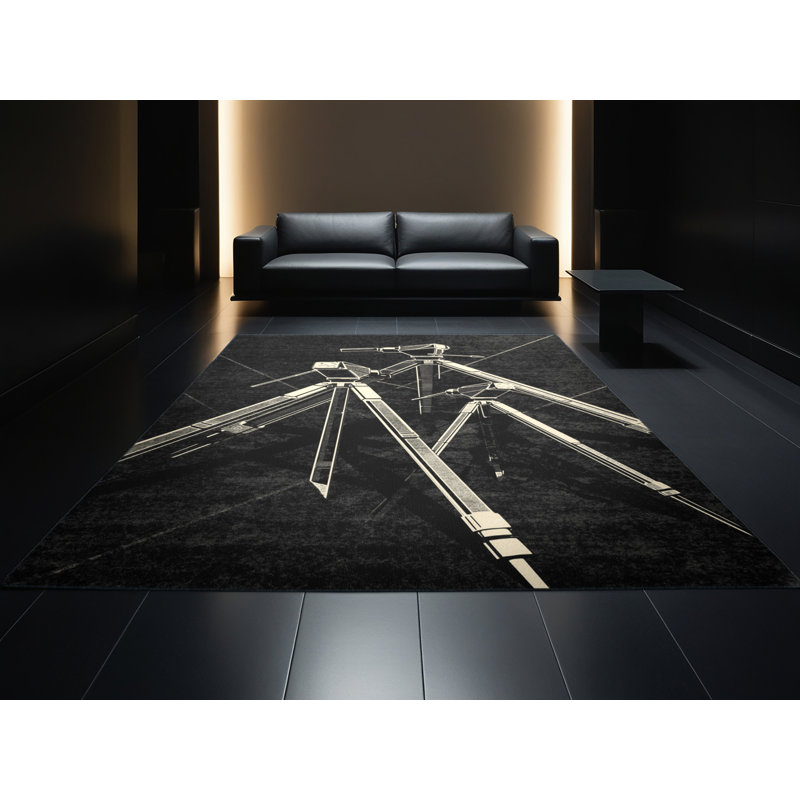 Tapis à motif géométrique moderne et contemporain doux et moelleux en trépied gris et noir Eldert, 5x7