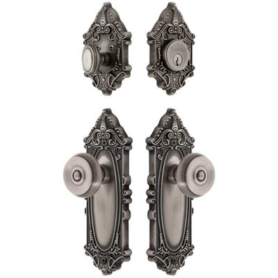 Grandeur Grande Victorian Long Plate Entry Set with Bouton Knob in Antique Pewter