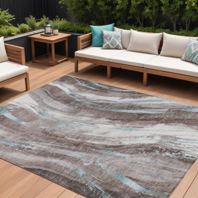 Tapis extérieur lavable abstrait bleu ciel et ivoire 10 pi x 14 pi taupe