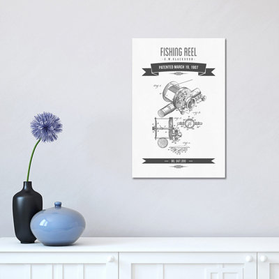 G.W. Blackburn Fishing Reel Patent Sketch Retro (Charcoal) by Aged Pixel - Wrapped Canvas Gallery-Wrapped Canvas Giclée