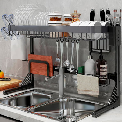 2 Tier Expandable Stainless Steel Over Sink Dish Rack, Adjustable Length (25.98'' to 36.61'')