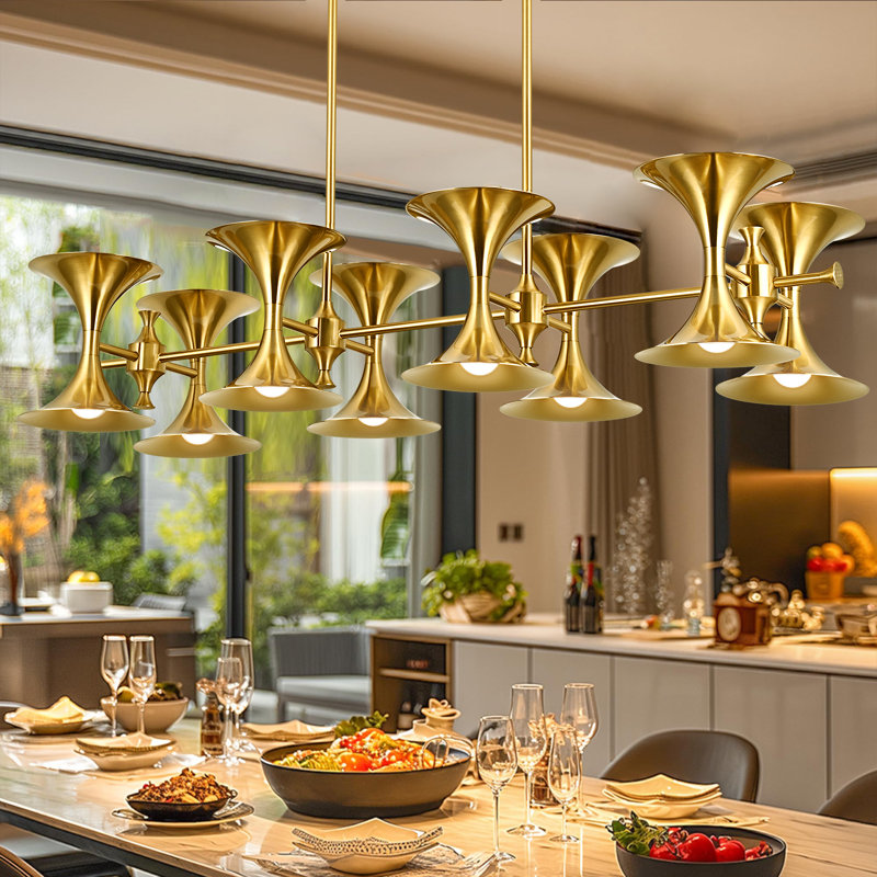 Lustre en or 16 lumières avec abat-jour en forme de trompette, luminaires de salle à manger de 40 pouces