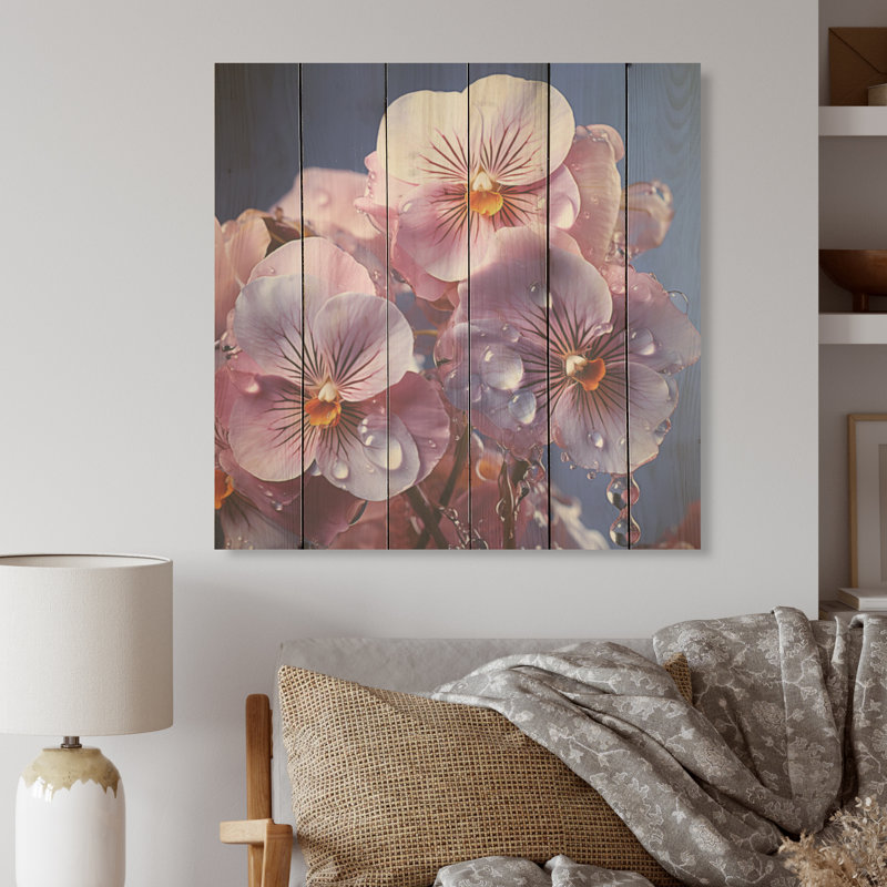 Pensées transparentes magiques roses - Art sur bois de pin naturel, H 15 po x l 15 po