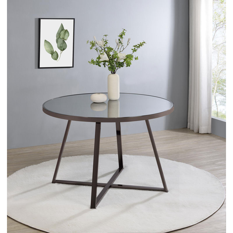 Jillian 45-Inch Round Mirror-Top Dining Table with Angular Metal Base, Black Nickel