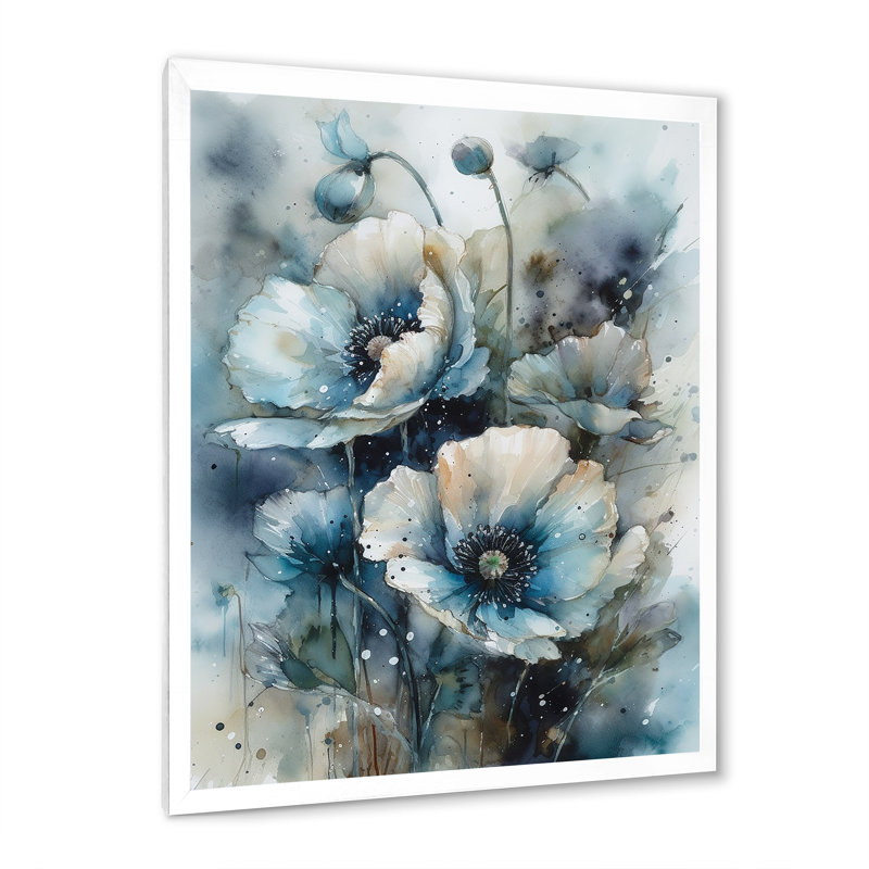 «Blue and White Poppy Bouquet Serenade I», reproduction sur toile, Cadre simple blanc, H 44 po x l 34 po x P 1,5 po