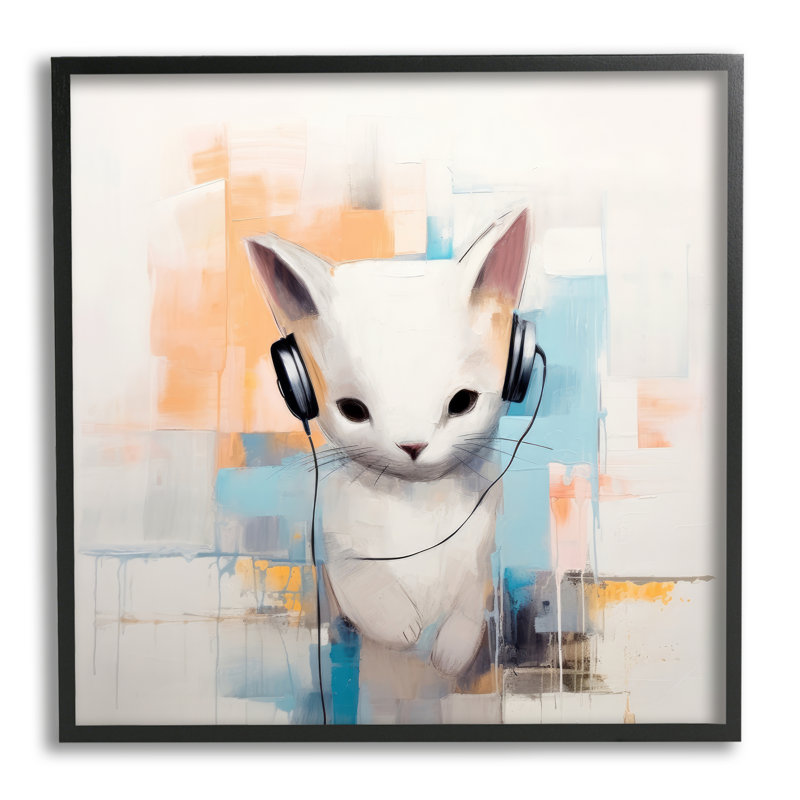 Az-117-Chat abstrait avec un casque abstrait, H 17 po x l 17 po x P 1,5 po, Giclée encadrée noir minuit