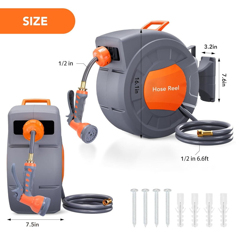 Garden Hose Reel, 1/2 In X 100 Ft Wall Mounted Retractable Water Hose Reel With 9 Function Sprayer Nozzle, Any Length Lock, 180° Swivel Bracket, Automatic Rewind And Slow Return System