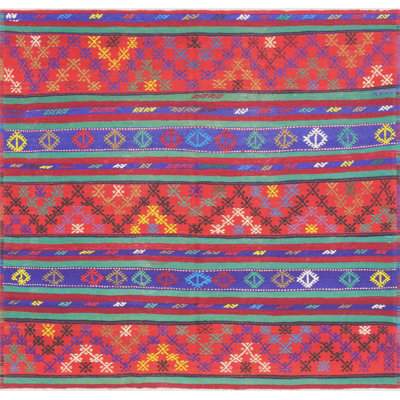 Tapis carré carré en laine noué à la main de style années 1960 de 5 pi 6 po x 5 pi 11 po rouge / bleu / bleu sarcelle / noir