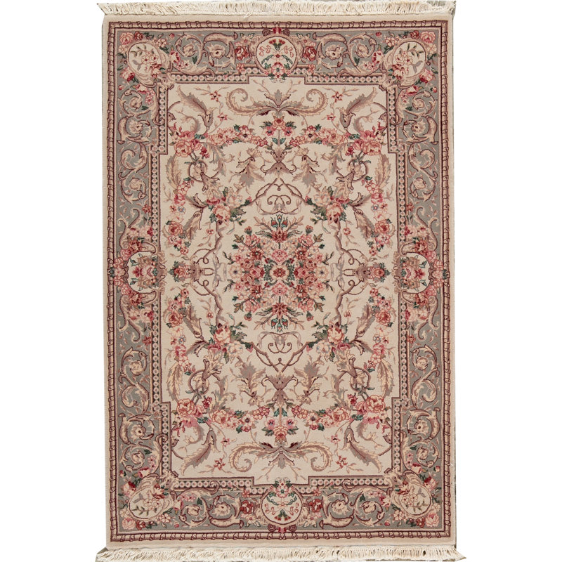 Tapis rouge, crème et vert noué à la main de haute qualité