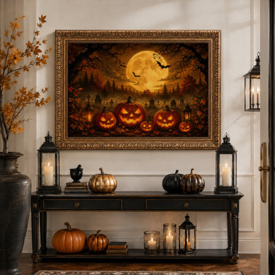 Citrouilles d'Halloween illuminées dans une forêt d'automne avec une toile murale d'Halloween
