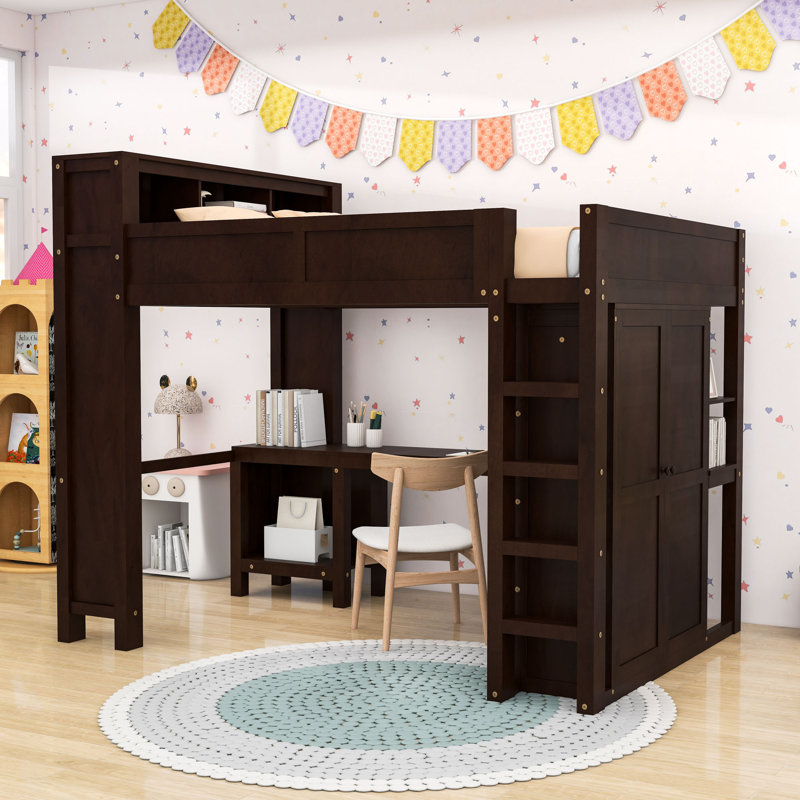 Grand lit mezzanine multifonctionnel avec bureau intégré, garde-robe et tablette de rangement, Brun