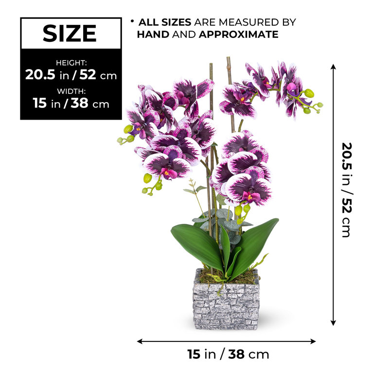 Faux orchidée mauve avec pot de fleurs en brique grise, H 15 po x l 10 po x P 7 po