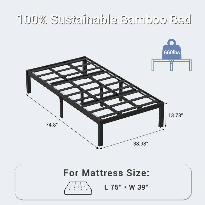 Lit plateforme avec base en bambou et lattes, Simple, Noir