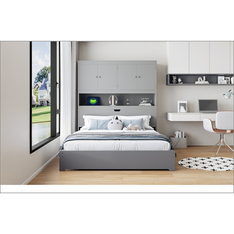 Lit plateforme double en bois avec USB, tête de lit et tiroirs de rangement gris, parfait pour les chambres modernes et fonctionnelles